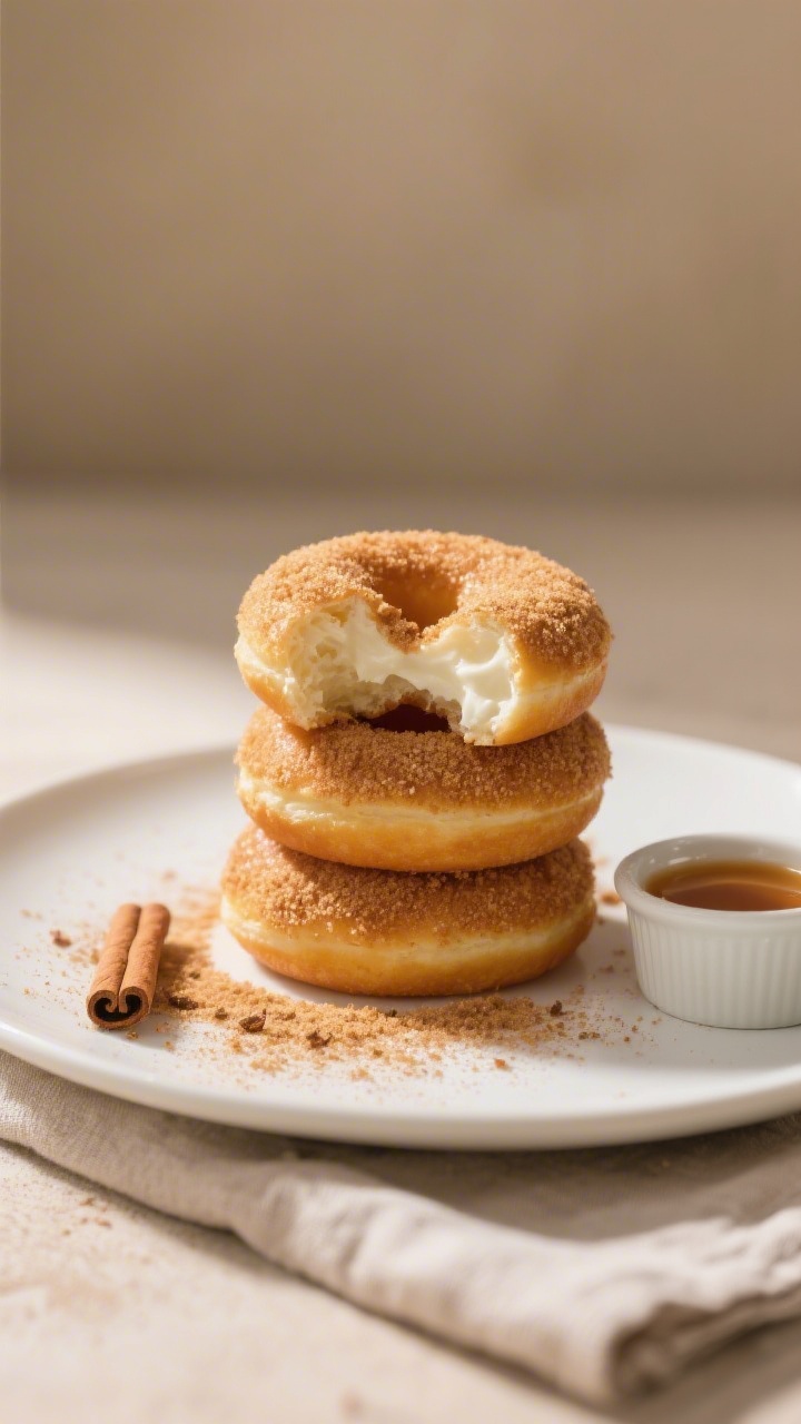 Close-up hero shot of plated cinnamon sugar protein donuts stacked casually on a matte white plate, 