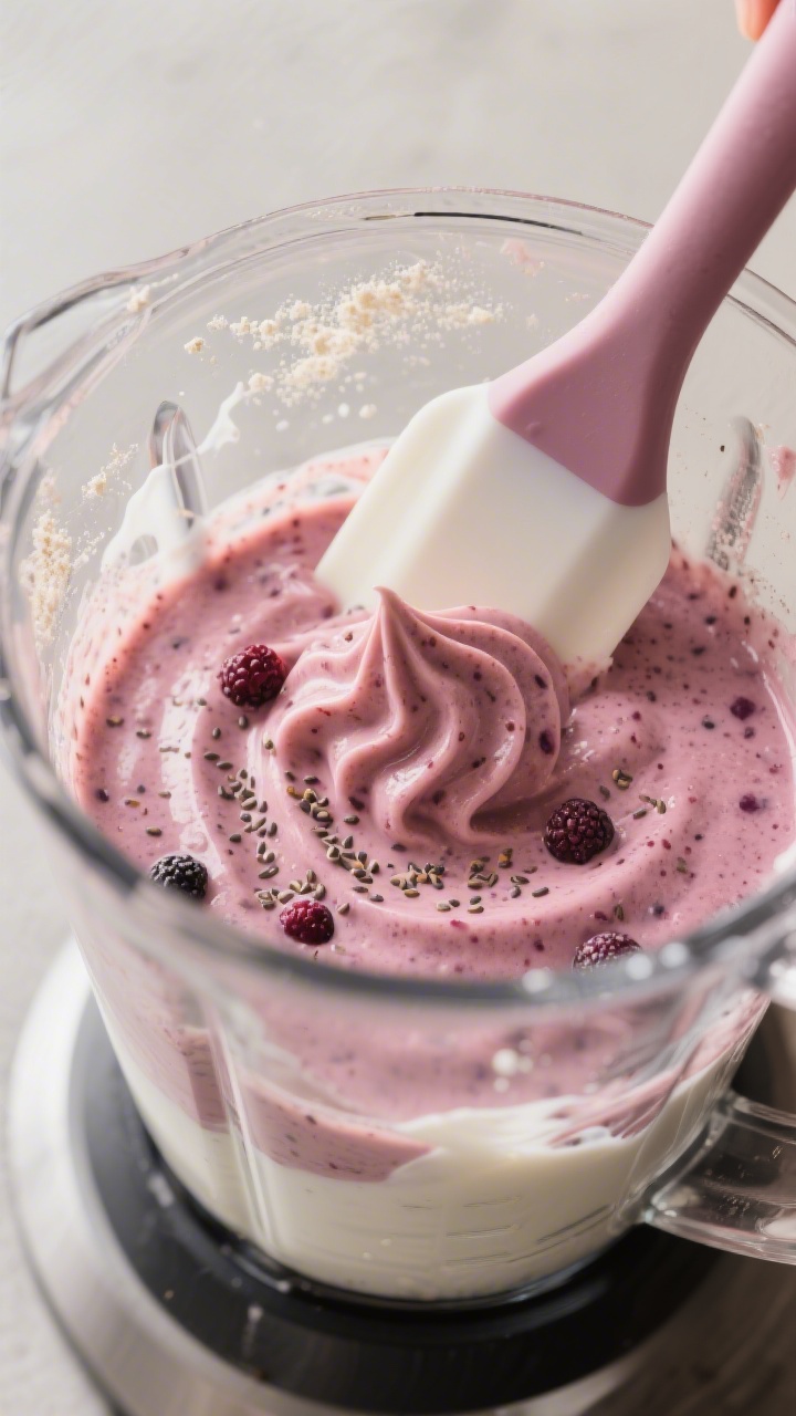 Close-up process shot of the smoothie at “soft-serve” stage inside a high-speed blender jar, sho