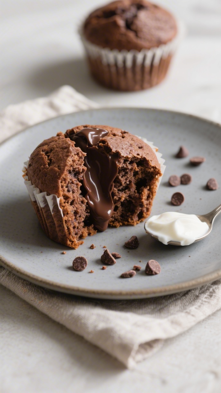 Close-up, three-quarter angle hero shot of a split-open double chocolate protein muffin on a matte c