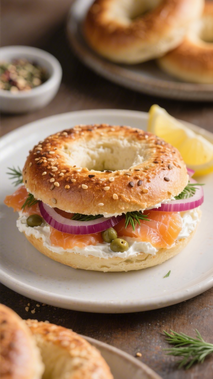 Close-up, three-quarter angle of a plated breakfast sandwich made with a sliced cottage cheese bagel