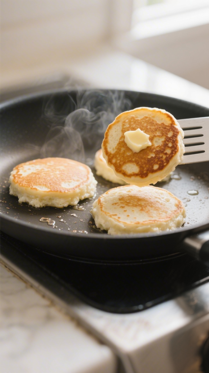 Cooking process close-up: Cottage cheese pancakes on a nonstick griddle at medium heat, three 1/4-cu