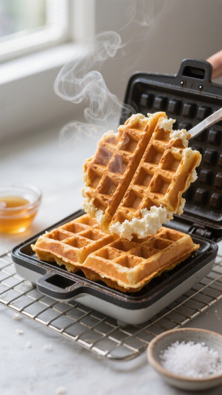 Cooking process close-up: Deep golden cottage cheese waffle just lifted from a hot, steam-kissed waf