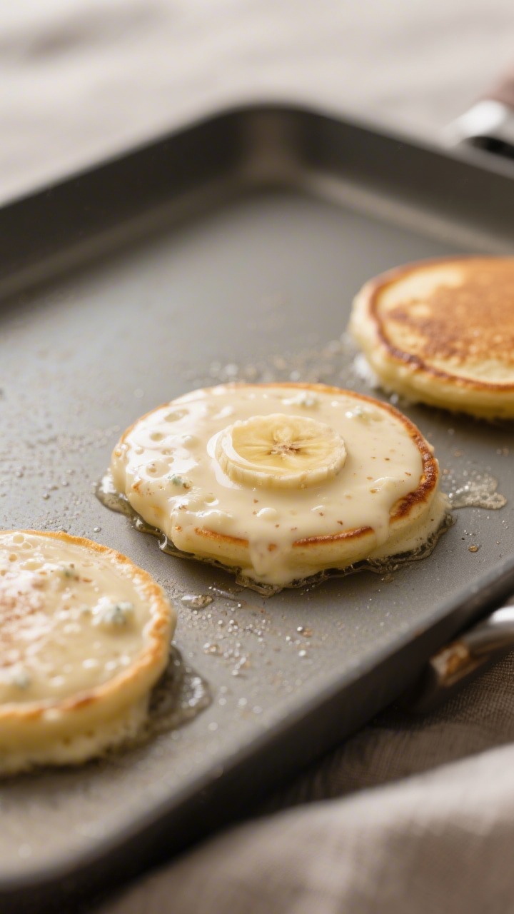 Cooking process, close-up detail: A tight, shallow–depth-of-field shot of banana cottage cheese pa