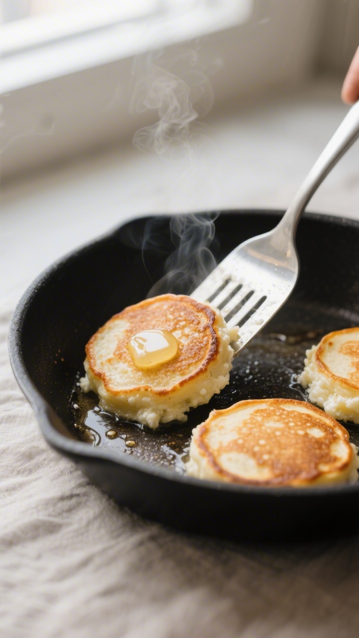 Cooking process close-up: Small cottage cheese pancakes sizzling in a nonstick skillet over medium h