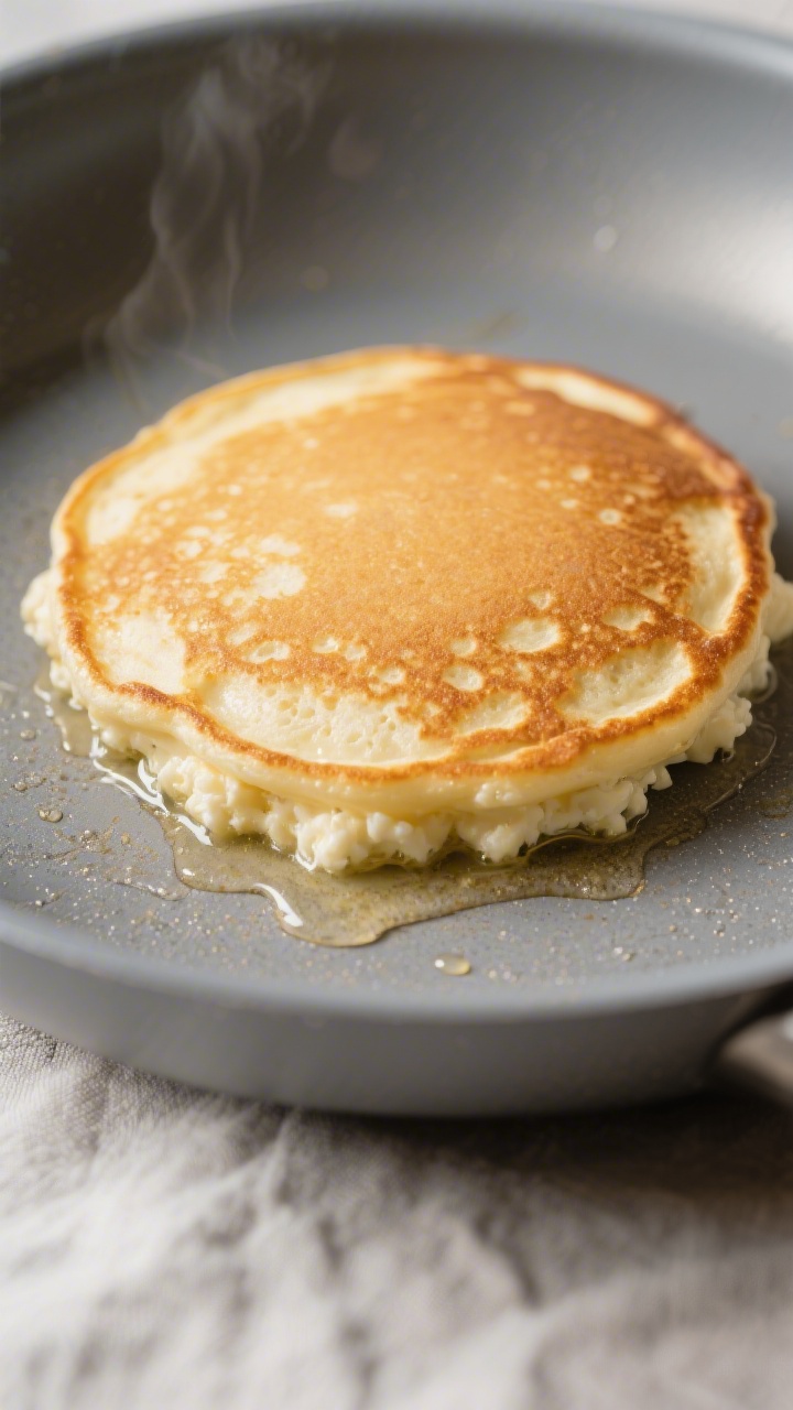 Cooking process close-up: Thick cottage cheese banana pancake mid-cook on a nonstick skillet, golden