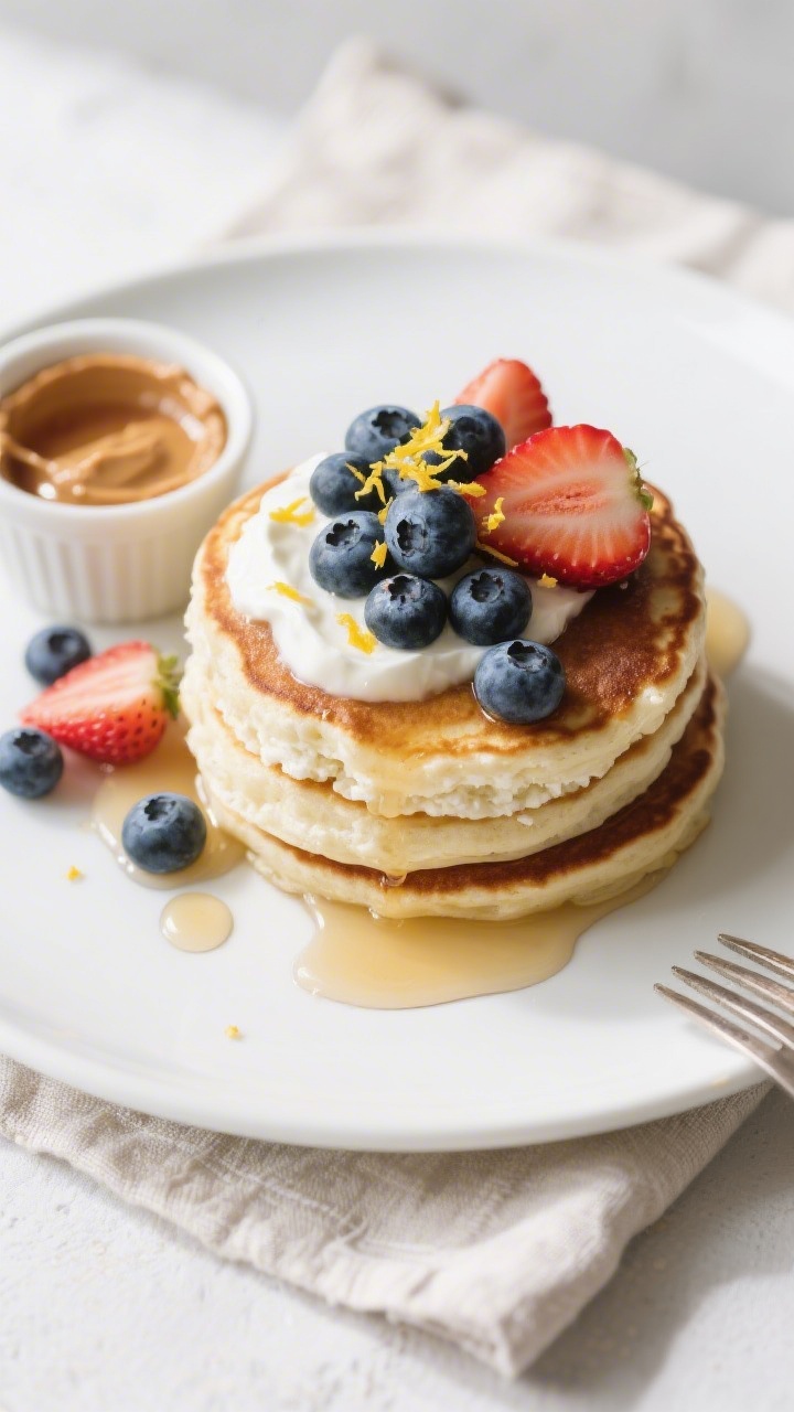 Final dish overhead: Short stack of fluffy cottage cheese pancakes on a matte white plate, topped wi