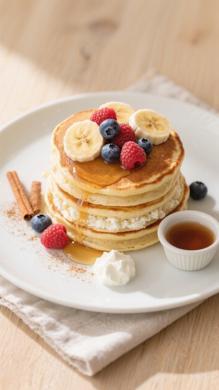 Final dish, tasty top view: Overhead shot of a neatly stacked tower of fluffy banana cottage cheese 