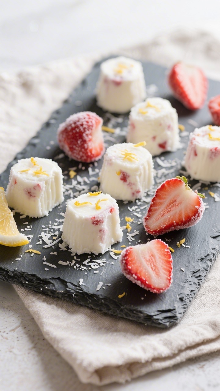 Final dish, tasty top view: Overhead shot of frozen strawberry Greek yogurt bites just unmolded and 