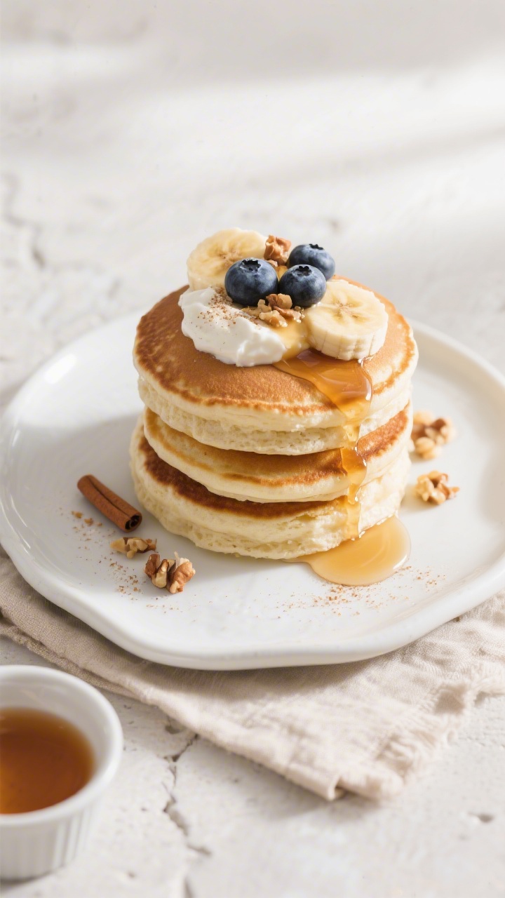 Final plated overhead: Neat stack of 3-ingredient cottage cheese pancakes on a white ceramic plate,