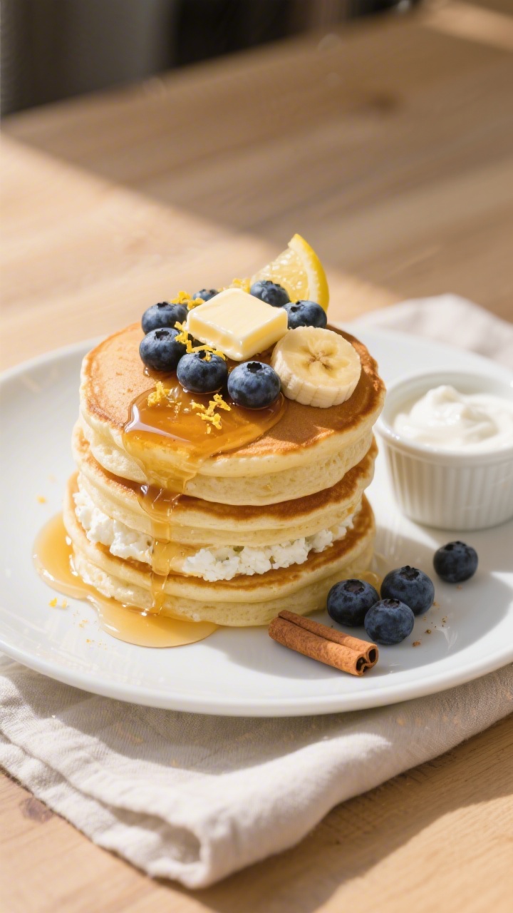 Final plated overhead: Stacked cottage cheese protein pancakes on a matte white plate, tall fluffy l