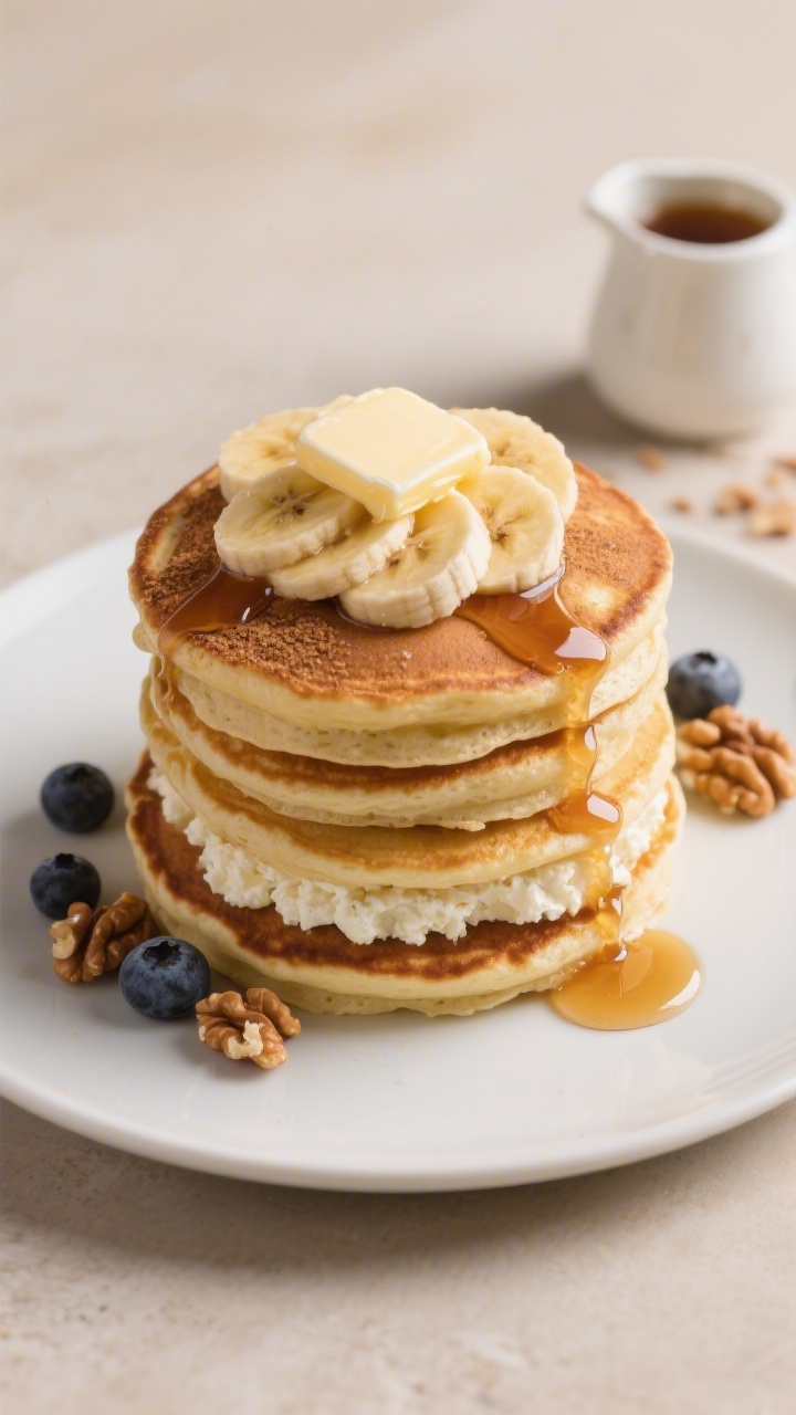 Final plated overhead: Tall stack of thick, fluffy cottage cheese banana pancakes on a matte white p