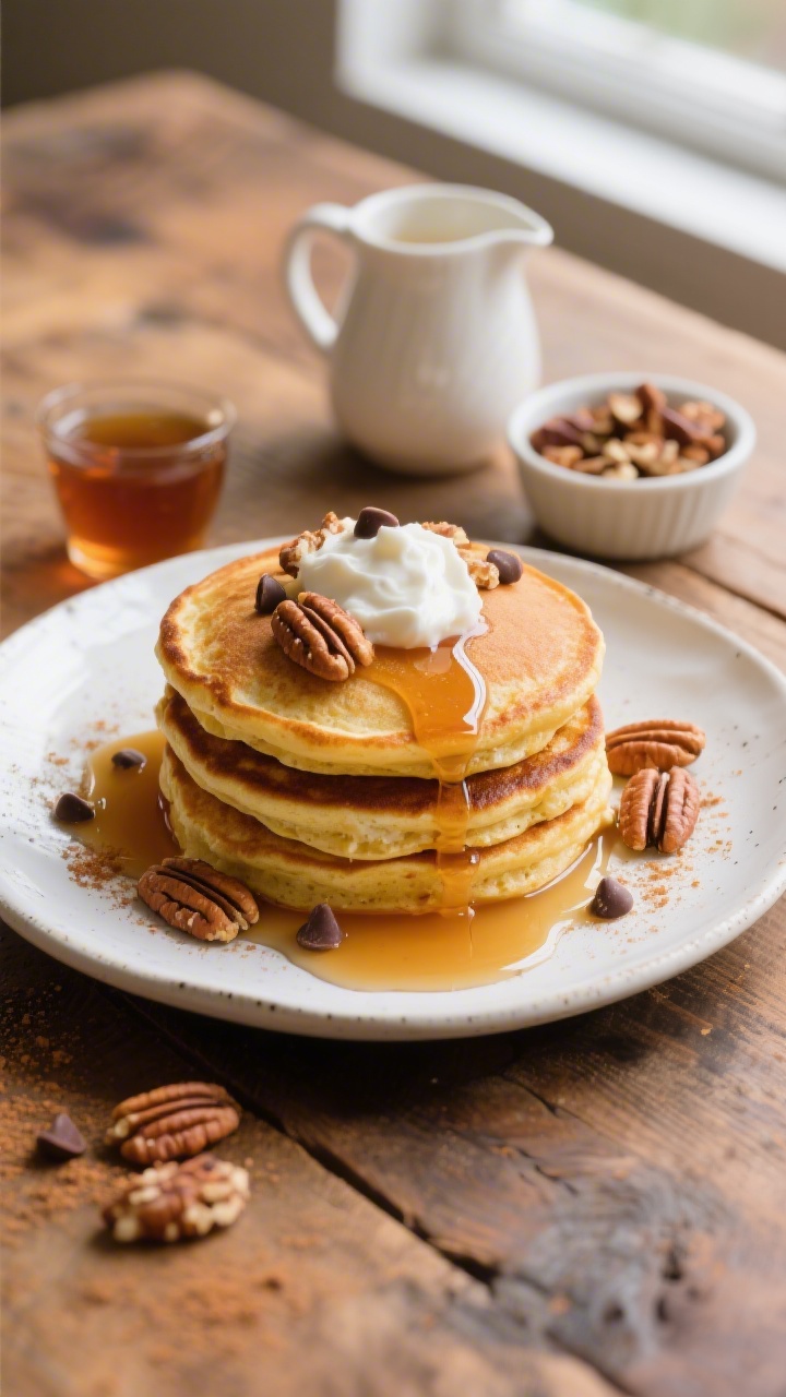 Final plated overhead: Tasty top-down shot of a stacked plate of Pumpkin Cottage Cheese Pancakes on 