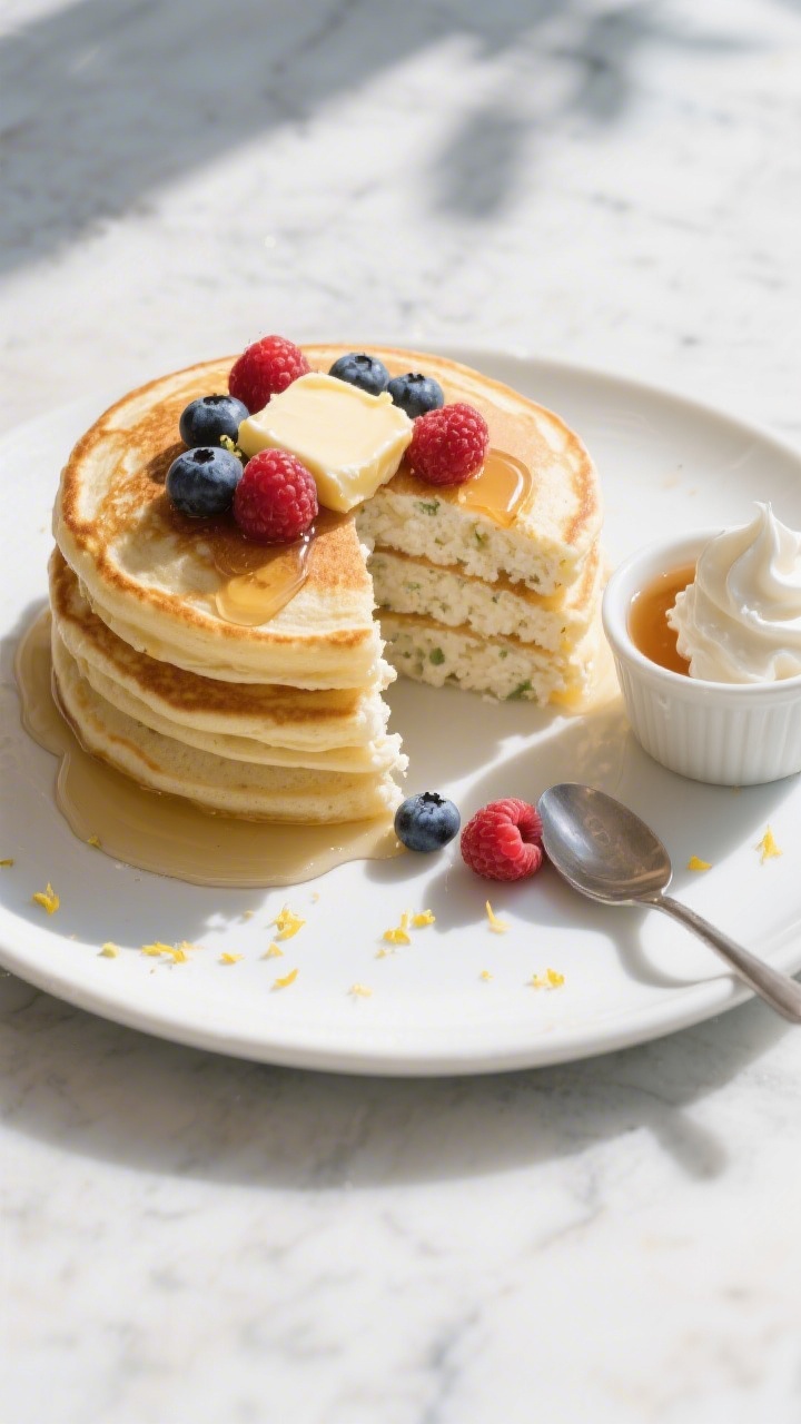 Final plated overhead: Tidy stack of fluffy, golden keto cottage cheese pancakes on a white ceramic 