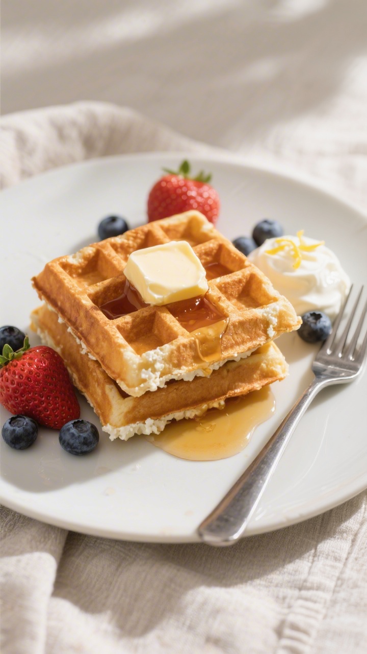 Final plated overhead: Top-down hero shot of two cottage cheese waffles stacked on a matte white pla