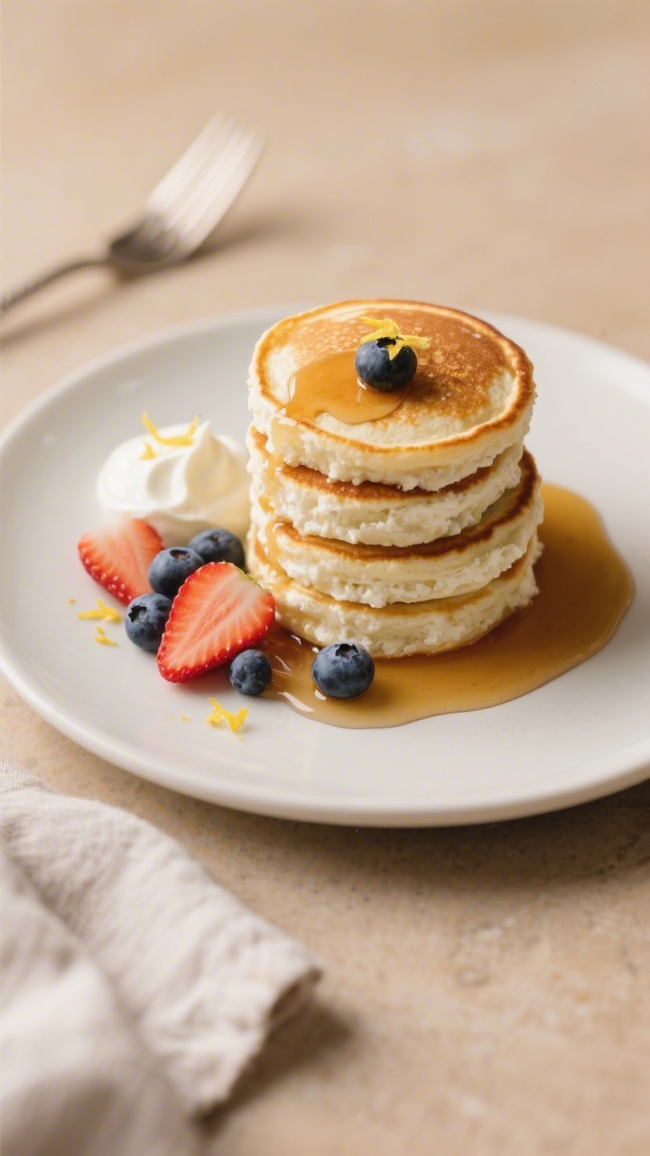 Final plated overhead: Top-down shot of a tidy stack of small, fluffy cottage cheese pancakes with g