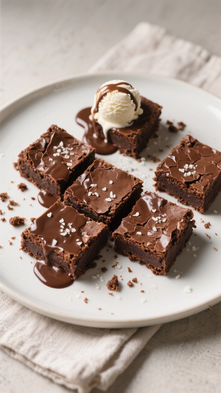 Final plated, tasty top view: Overhead shot of sliced Greek yogurt brownies with shiny crackly tops 