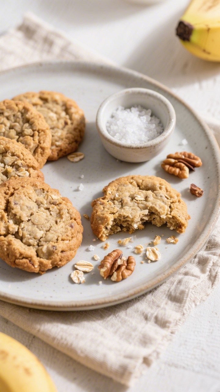 Overhead final presentation of banana oatmeal cookies arranged on a matte ceramic plate with a small