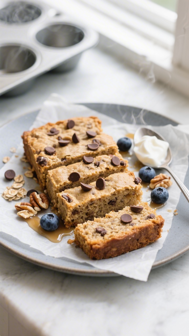 Overhead final presentation: Tasty of chocolate chip protein baked oats sliced into thick squares (m