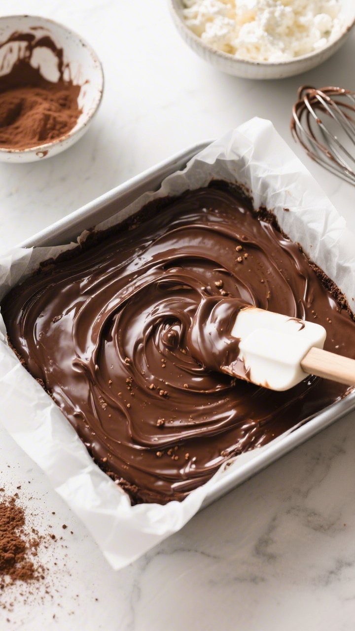 Overhead process shot: Batter being spread evenly into a parchment-lined 8x8 pan, showing the smooth