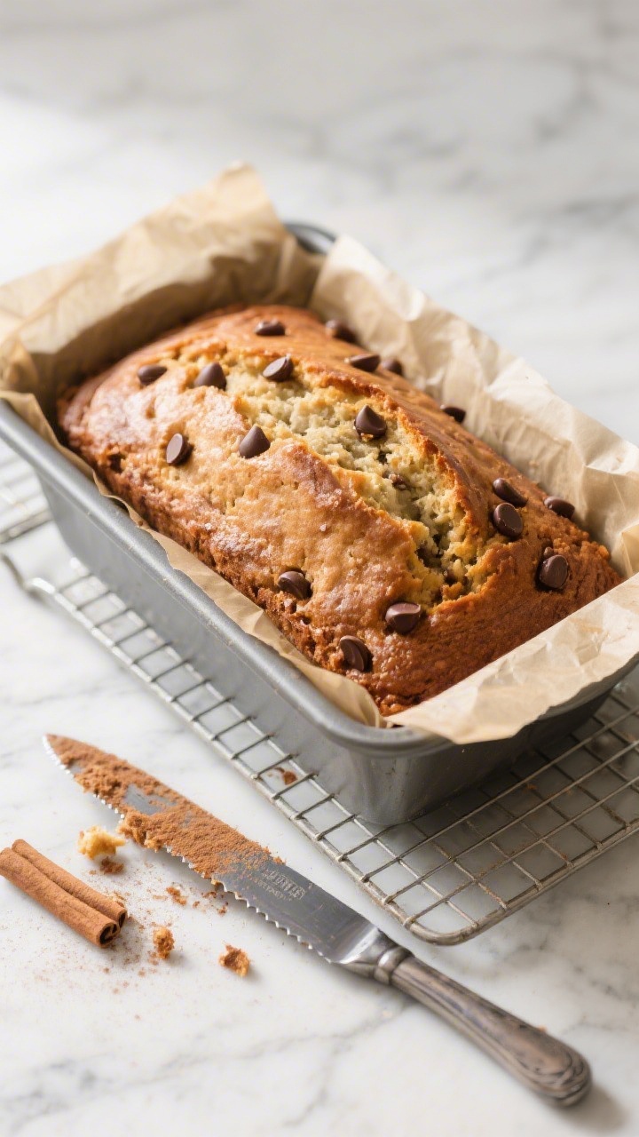 Overhead process shot of the banana bread loaf just lifted from a parchment-lined 9x5-inch pan onto 
