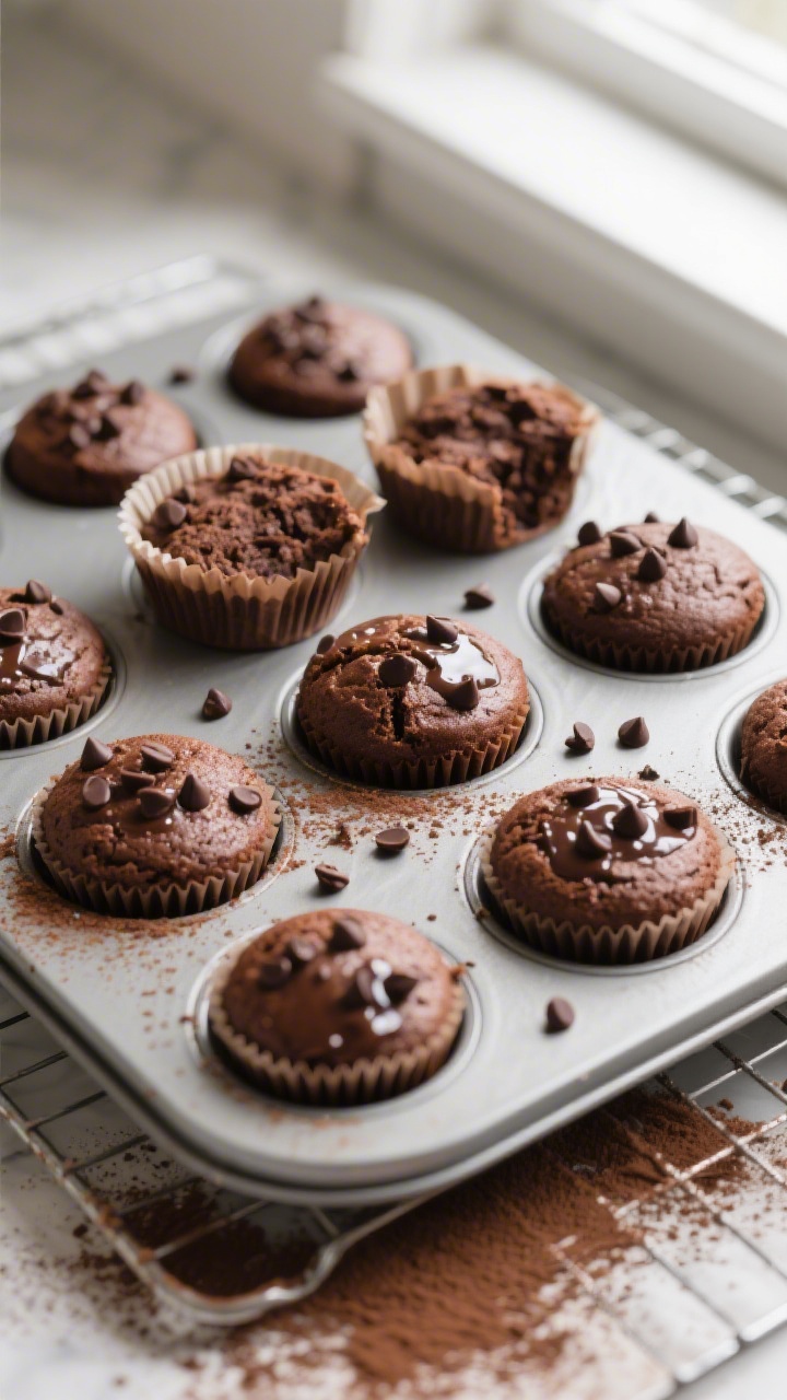 Overhead shot of a 12-cup muffin tin just pulled from the oven, each double chocolate protein muffin