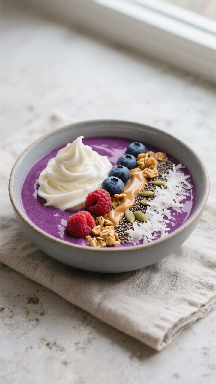 Overhead shot of a finished thick berry protein smoothie bowl with soft-serve texture holding peaks,