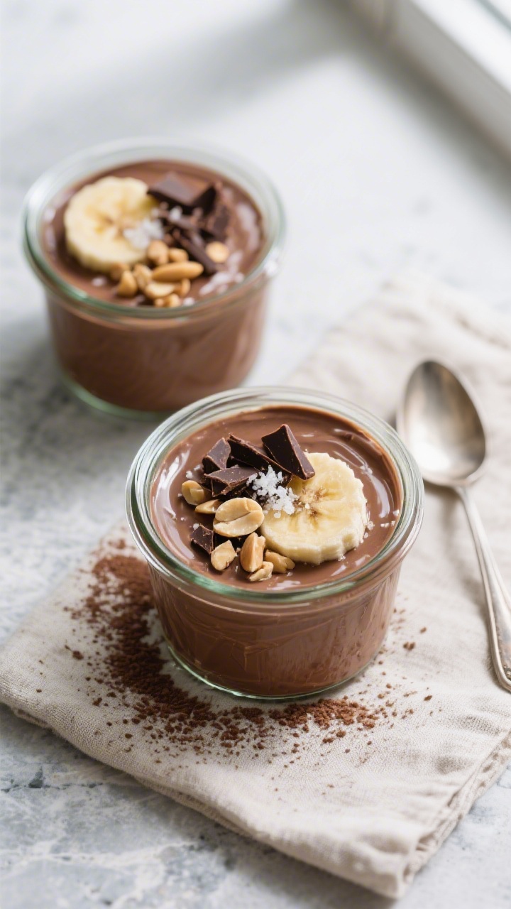 Overhead shot of chocolate peanut butter protein pudding portioned into two small glass jars after c