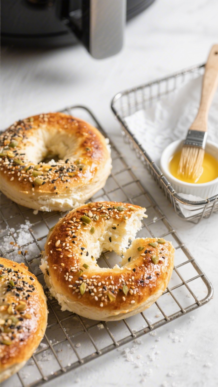 Overhead shot of freshly air-fried cottage cheese bagels resting on a wire rack, golden on both side