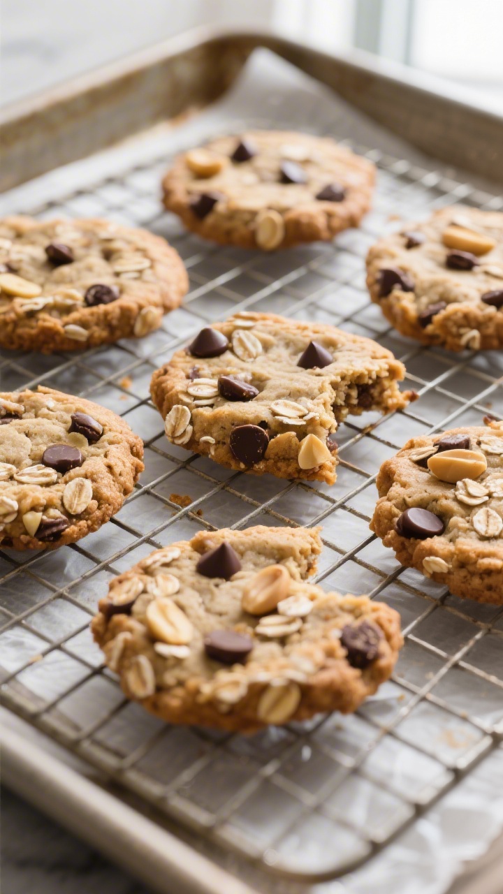 Overhead shot of freshly baked banana peanut butter breakfast cookies cooling on a wire rack, edges 