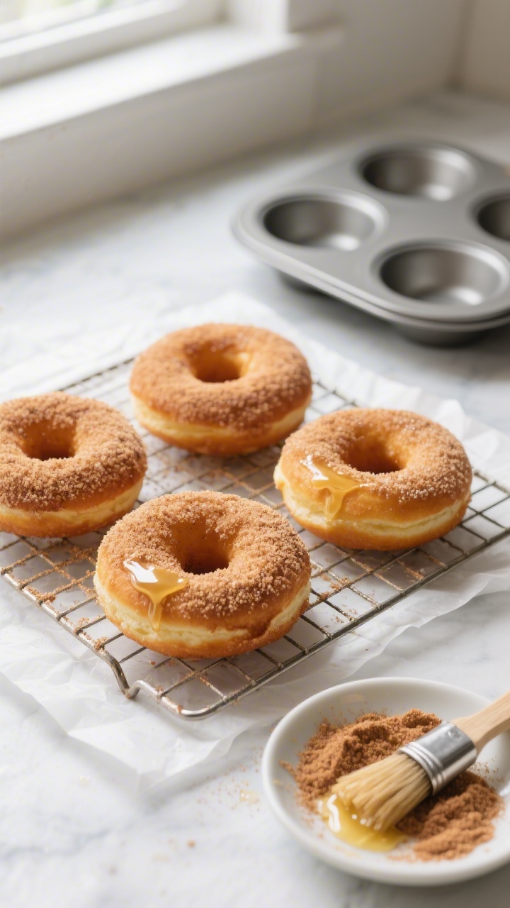 Overhead shot of freshly baked cinnamon sugar protein donuts just coated and cooling on a wire rack,