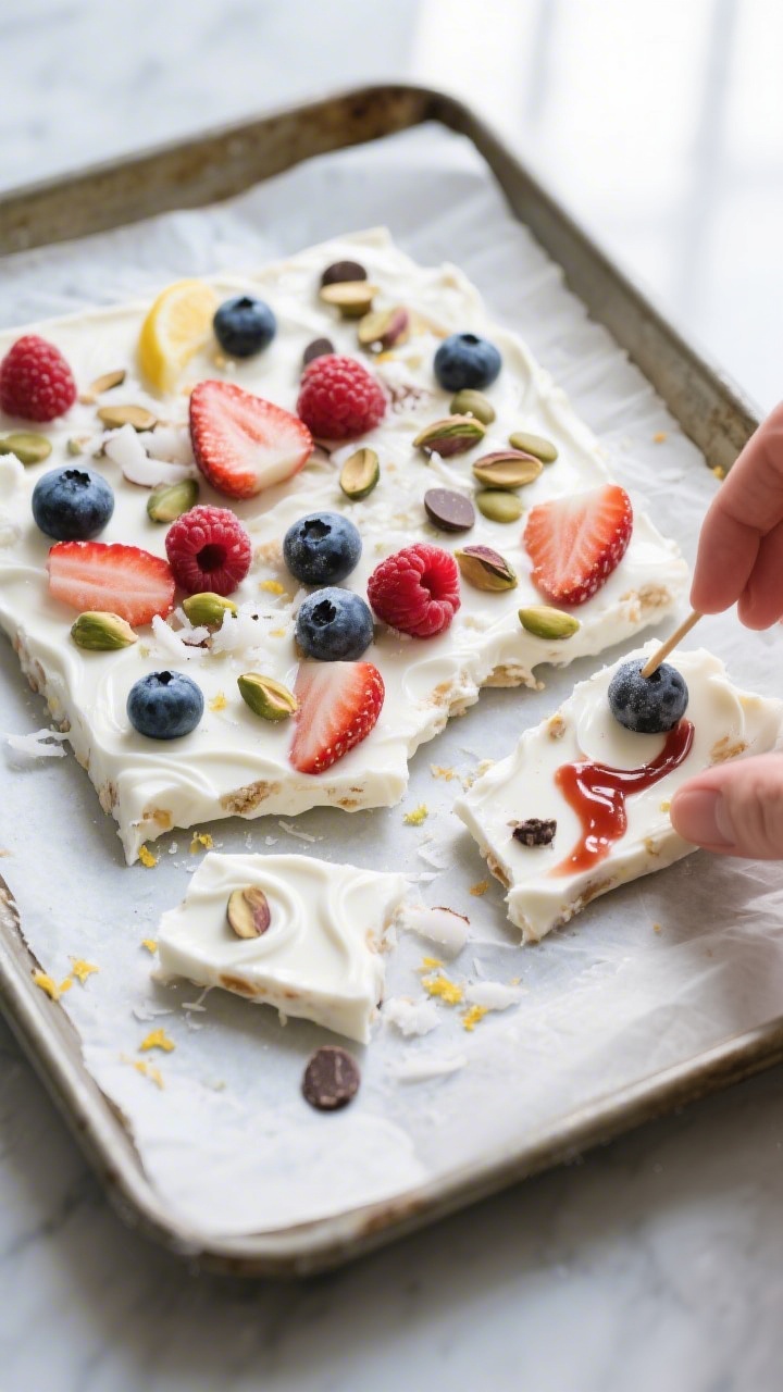 Overhead shot of freshly frozen Greek yogurt bark just set on a parchment-lined rimmed baking sheet,