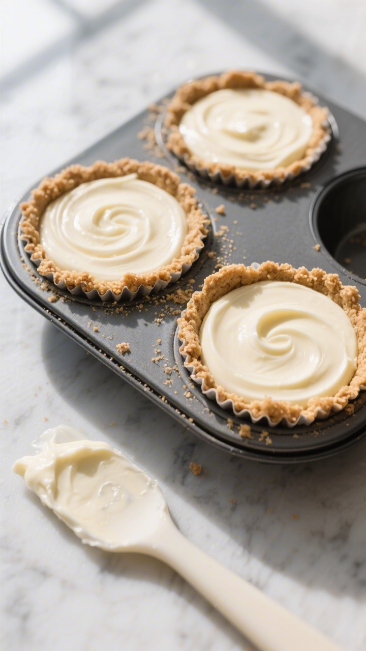 Overhead shot of no-bake protein cheesecake cups in a lined muffin tin just after filling, smooth cr