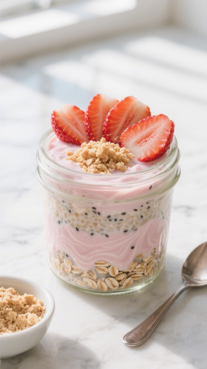 Overhead shot of the prepared strawberry cheesecake overnight oats just after chilling and being sti