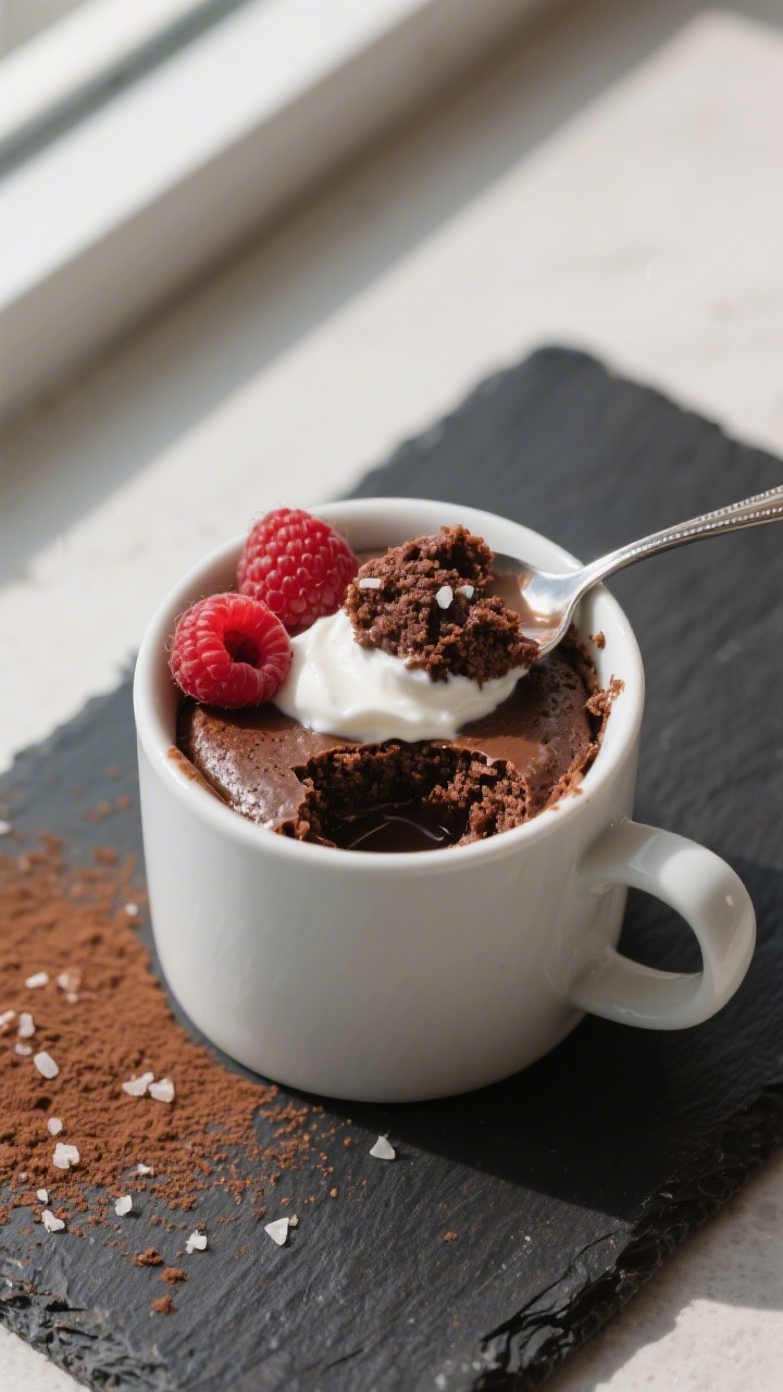 Tasty top view, final presentation: Overhead shot of a chocolate protein mug cake served in a matte 