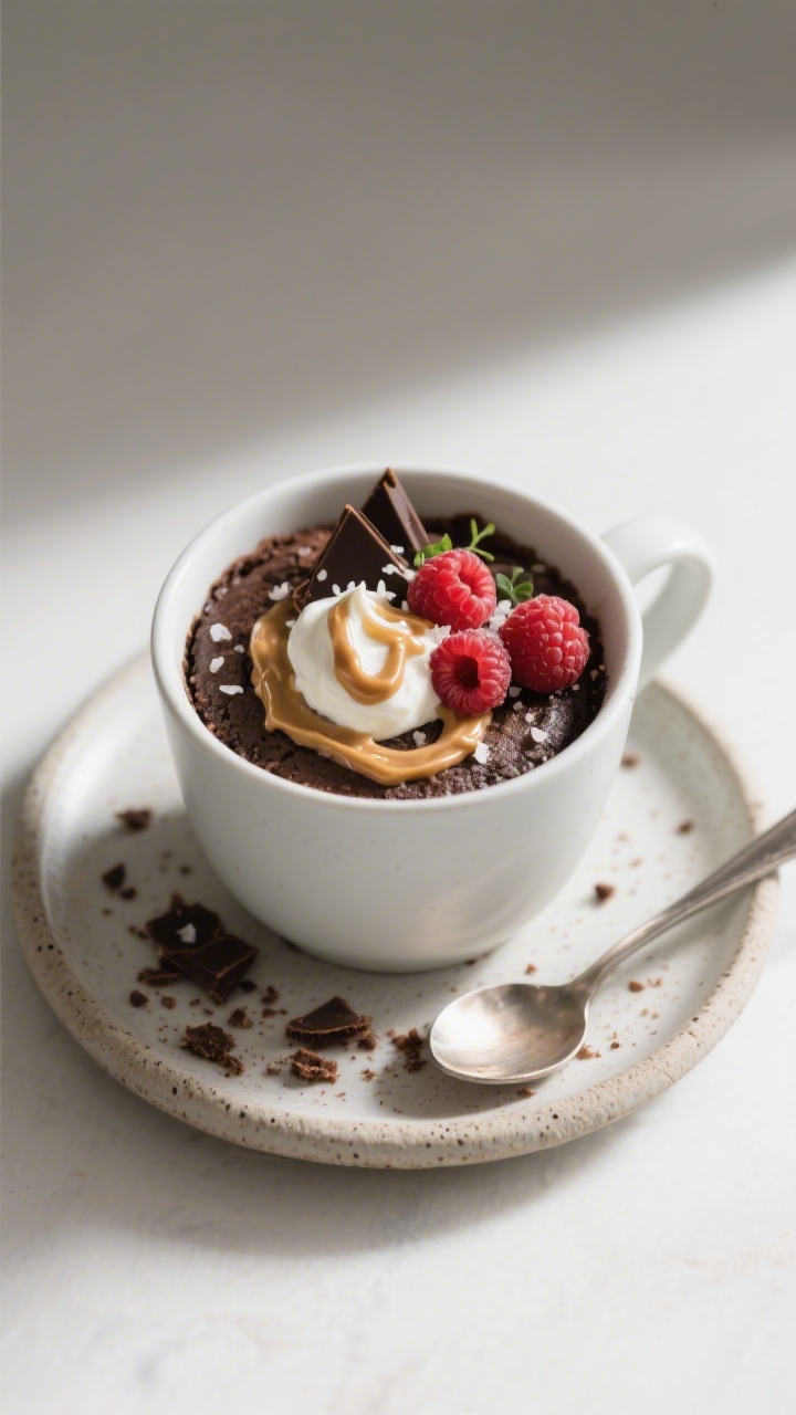 Tasty top view, final presentation: Overhead shot of the finished healthy chocolate mug cake in a ma